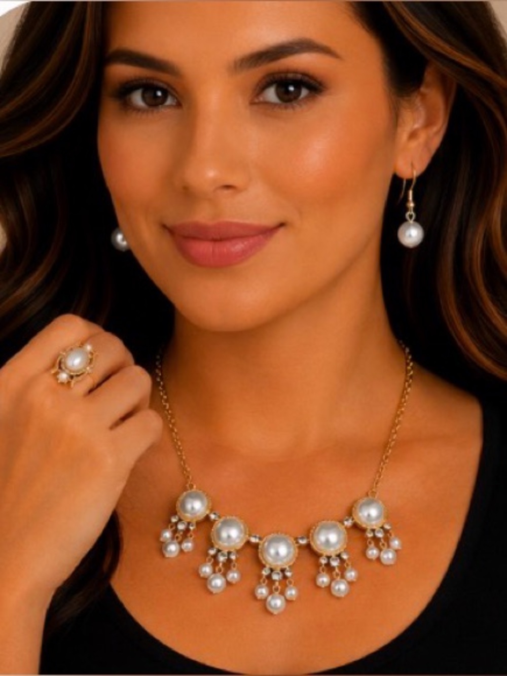 Paparazzi Gold Tone Faux Pearl Statement Necklace Earrings & Stretch Ring Set